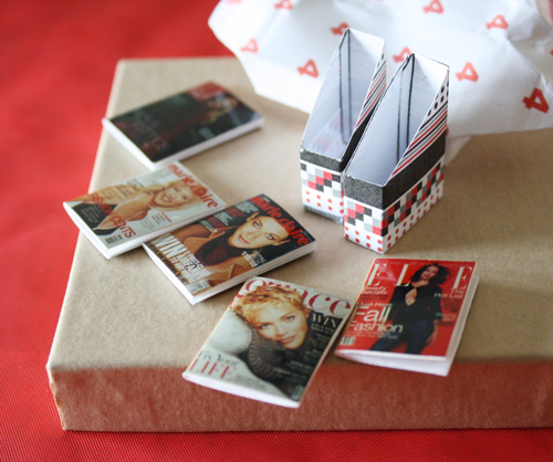 Dollhouse miniature magazine boxes with mini magazines